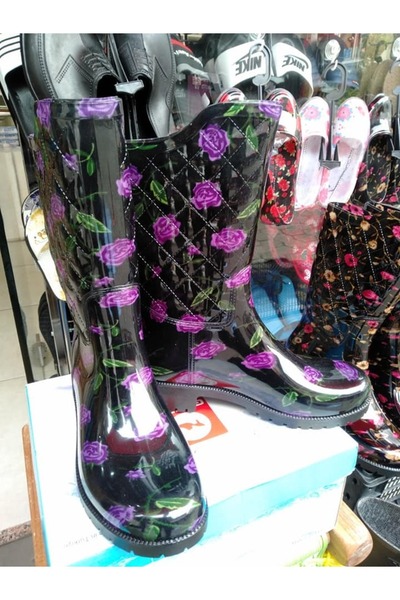 ARISAN Cizme de ploaie lungi și florale negre de damă