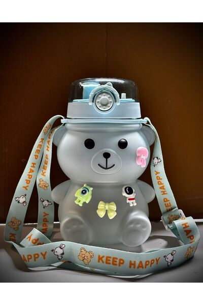 LEON LİFE 1000ml Teddy Bear Water Bottle, Bpa-Free, with Carrying Strap, Sippy-Free Teddy Bear Water Bottle - Turquoise Blue