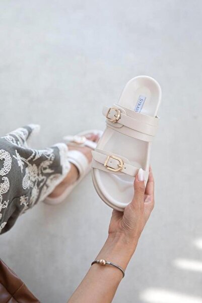 STRASWANS Keysi Women's Buckle Detail Daily Comfort Slippers Beige