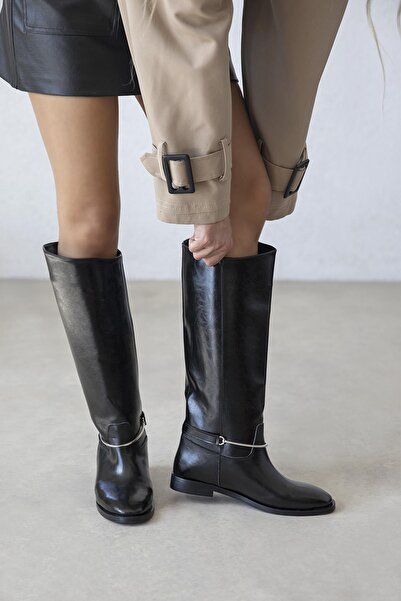 STRASWANS Lena Women's Black Leather Boots - Accessory Detailed