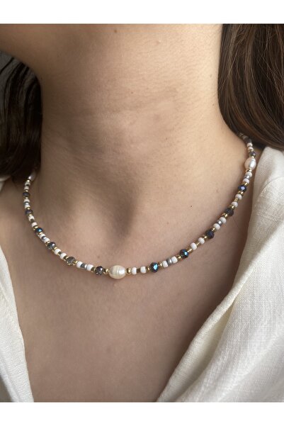 Anetta Jewelry Doğal inci ve lacivert kristal boncuk altın kaplama kapama kad...