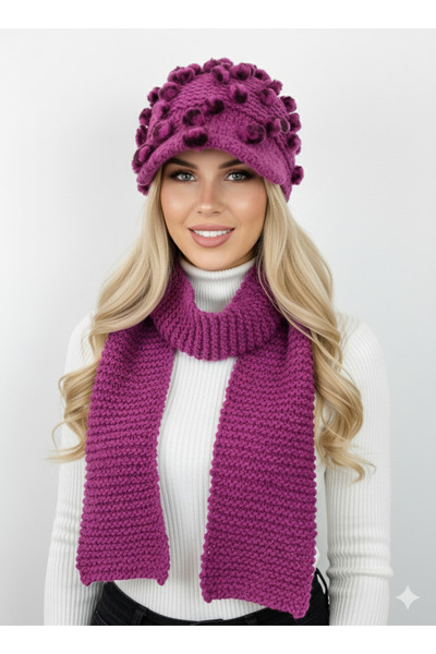 drt tasarım Uzun Atkı Kasket Şapka Takım Ponponella Lüks Seri Mürdüm Rengi