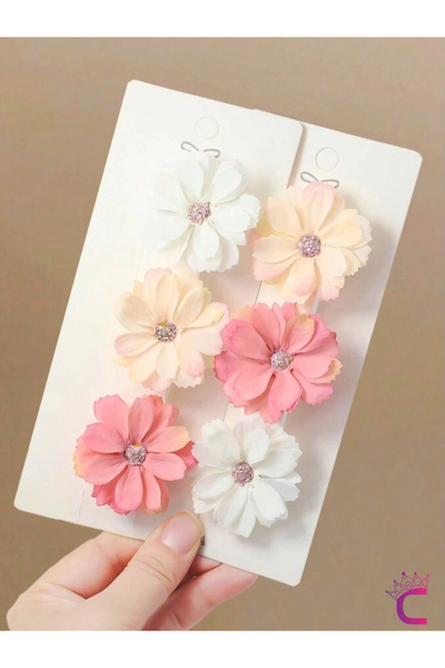 Cinderella 6'lı Soft Papatya Çiçekli Saç Tokası - Beyaz Pembe Renkli Saç Süsü...