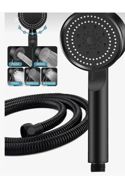 Syronea Mat Siyah Turbo Banyo Duş Başlığı seti 5 Fonksiyonlu Başlık+hortum-askı aparatı