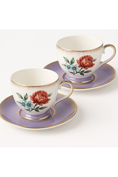 Royelia Rose Purple 2-Piece Coffee Cup New Bone China Set Round Artificial Bone Ash Calcium Carbonate