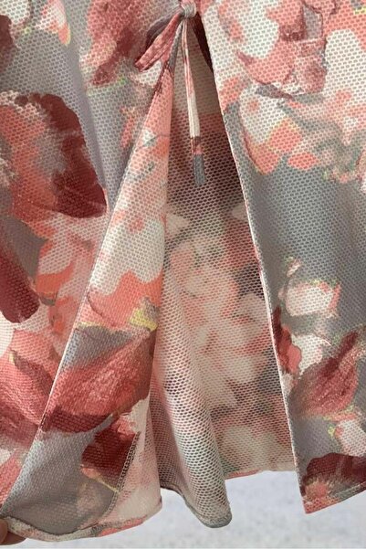 Aişe tesettür Gray Powder Floral Kimono Tunic with Tie Front / Lycra Summer Fabric 85 cm Length