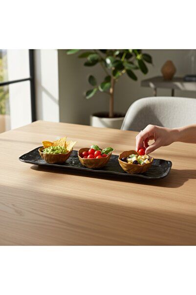 İREA PORSELEN Wood Glam 41cm Porcelain Boat Presentation Plate / Porcelain Sauce Bowl 9cm