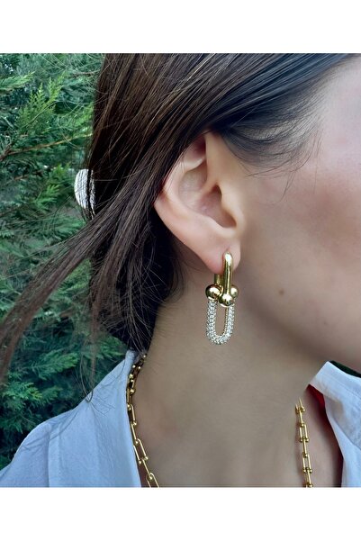 Nilonya Aksesuar Zirkon Taşlı Çelik Büyük Küpe