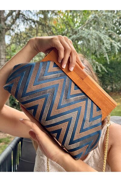 JOPHIEL Bahram Petite - Zincirli, Ahşap Burslu Kumaş Çanta, Clutch, El Çantası, Kol Çantası, Omuz Çantası