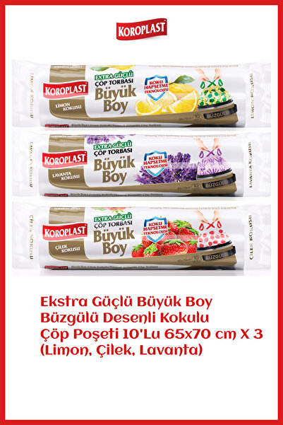 Koroplast Ekstra Güçlü Büyük Boy Büzgülü Desenli Kokulu Çöp Poşeti 10'Lu 65x70 cm X 3 (Limon, Çilek, Lavanta)