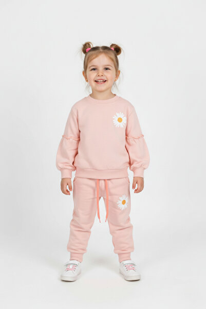 zepkids Crew Neck Long Sleeve Cıcek Patterned Salmon Color Girl's Tracksuit Set