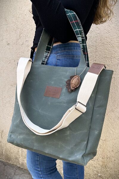 Sofist İstanbul Pine Green Pera Waxed Canvas Tote Bag Waxed Canvas Adjustable Strap Women's Shoulder Bag