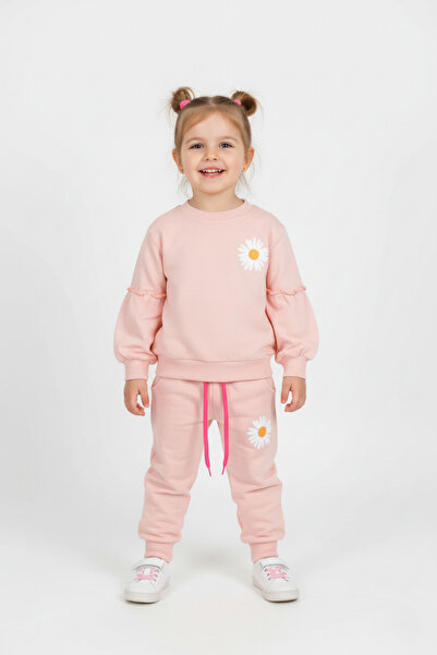 zepkids طقم بدلة رياضية للفتيات برقبة دائرية وأكمام طويلة منقوشة بلون مسحوق