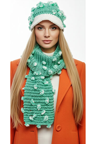 drt tasarım Uzun Atkı Kasket Şapka Takım Ponponella Lüks Seri Yeşil Beyaz