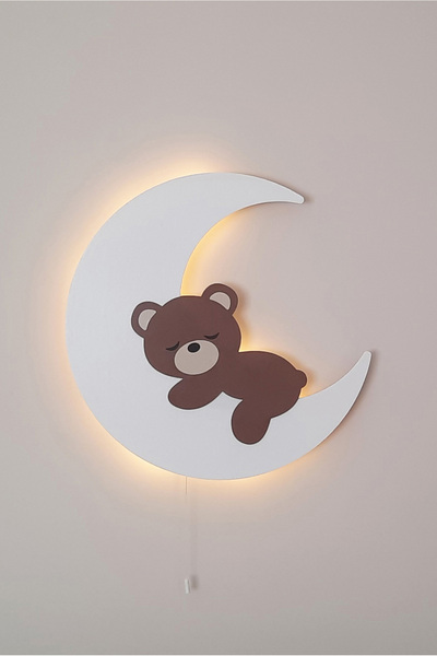 Piccolandia Bebek ve Çocuk Odası Ahşap Ayı ve Hilal Gece Lambası Beyaz