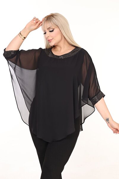 modayız Μπλούζα μεγάλου μεγέθους σε μαύρο χρώμα με χρυσή λεπτομέρεια 26B-2594