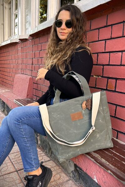 Sofist İstanbul Pine Green Pera Waxed Canvas Tote Bag Waxed Canvas Adjustable Strap Women's Shoulder Bag