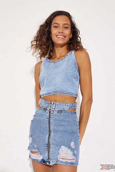 XRAY JEANS Bluză de damă cu talie legată la spate, decoltată, din denim albastru