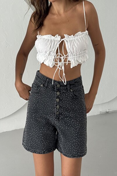 XRAY JEANS Kadın Taşlı Jeans Yazlık Siyah Dar Mini Kot Şort