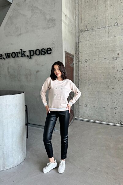 XRAY JEANS Γυναικείο φούτερ με λαιμόκοψη, διακοσμημένο με πέτρες, χαλαρό, κρεμ