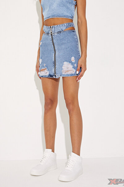 XRAY JEANS Női farmer cipzáras szakadt kék mini farmerszoknya