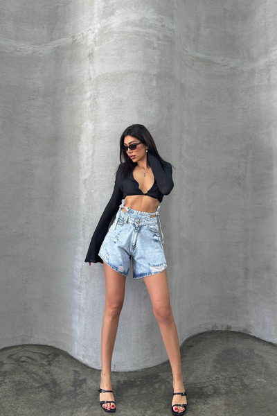 XRAY JEANS Women's Swimsuit Detail Ripped Ice Blue Mini Denim Shorts