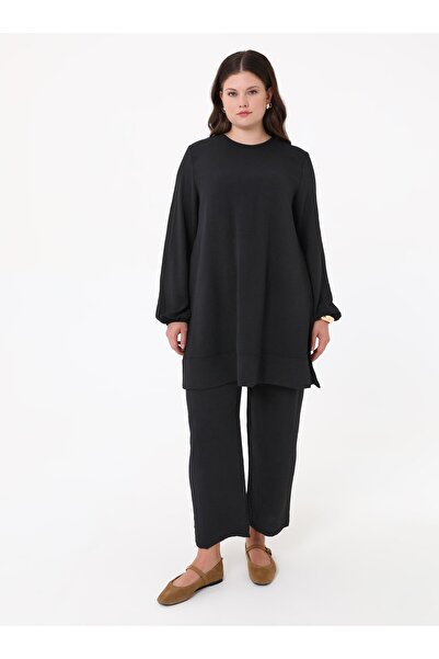 ALİA Plus Size Aerobin Sleeve Elastic Blouse&Pants Double Set - Black -