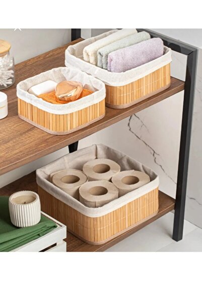 Tatlı Sebep 3'lü Bambu Sepet Astarlı Saklama Kutusu Banyo Kozmetik Mutfak Dol...