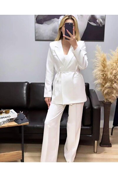 Hazel White Blazer Jacket and Pants Women's Set