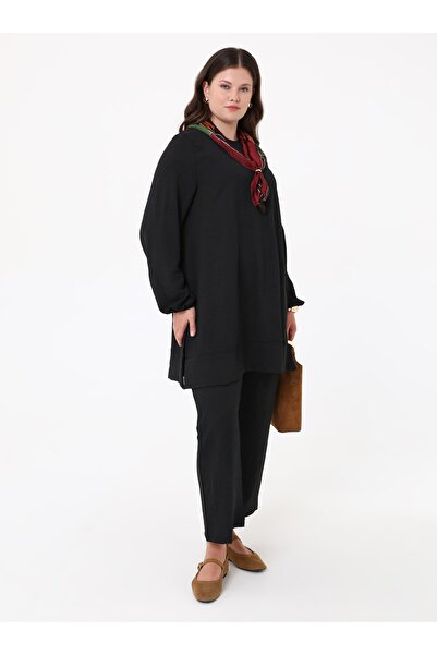 ALİA Plus Size Aerobin Sleeve Elastic Blouse&Pants Double Set - Black -