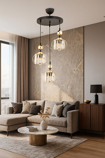 ESSLİGHT Lina 3 Lü Sarkıt Avize KRİSTAL TAŞLI Salon Mutfak Yatak Odası