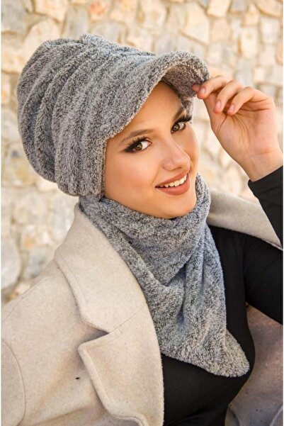 Aişe tesettür Grey Fur Hat and Etol Set