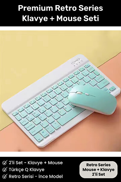 Noriyen Retro Serisi Ultra İnce Kablosuz Tüm PC Telefon Tabletlere UyumluPortable Türkçe Q Klavye Mouse Set