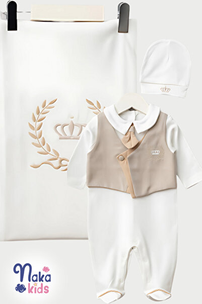 Naka Concept 100% Cotton Baby Boy 3-Piece Hospital Discharge Set – Hat, Overalls and Blanket – Crown Embroidered