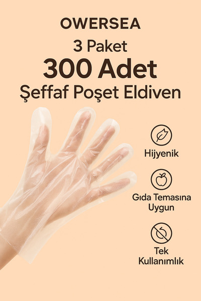 Owersea Şeffaf Eldiven Poşet Eldiven 3 Paket 300 Adet