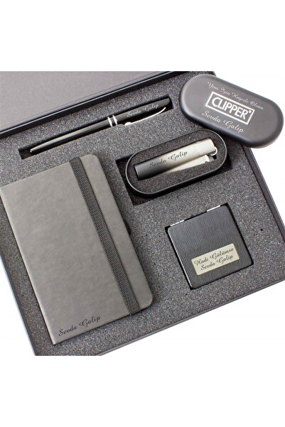 Kalemedair Kişiye Özel Exclusive Defter Kalem Ayna ve Çakmak Seti Siyah