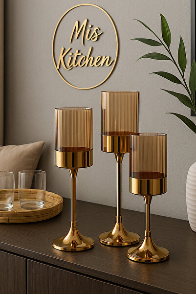 MİS KİTCHEN Altın Renk Metal Gövdeli Cam Şamdan 3’lü Set Salon Yemek Masası Dekoratif Mumluk