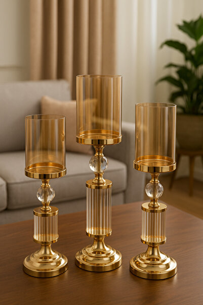 MİS KİTCHEN Modern Altın Cam Şamdan 3’lü Set Kristal Silindirik Tasarım Salon...