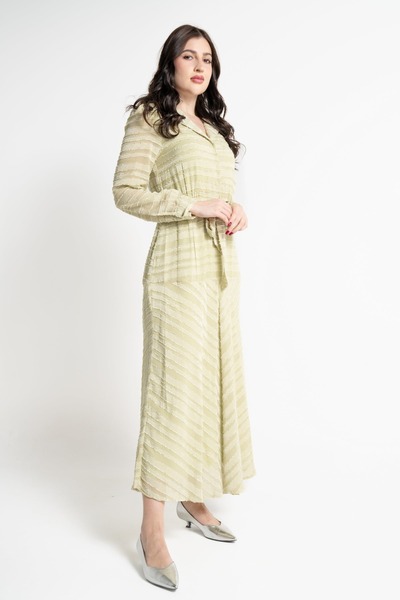 Nichii Long Ribbed Dress with Waist Tie and Seven-Button Long Sleeves