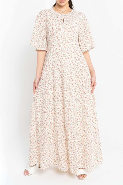 Nichii Long Floral Waist-Defined Dress with Butterfly Sleeves