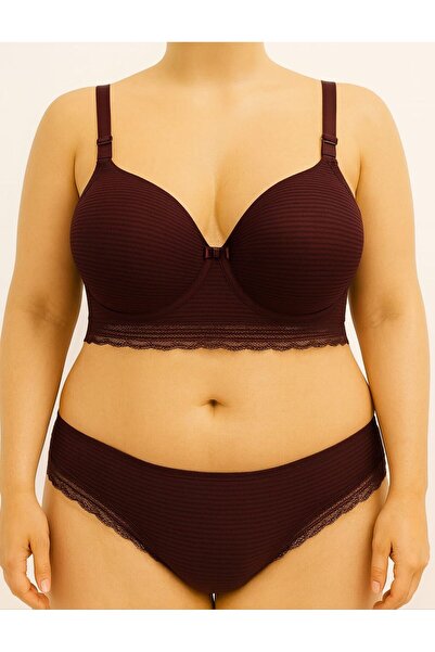 enmodaiçgiyim Purple Plus Size C Cup Unpadded Underwire-Free Padded Striped Tulle Detailed Bra