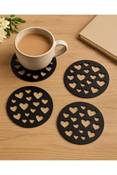 VENON Metal Heart Coasters Set of 4 – Black Round Design Love Aşk Sunum Sevgilim