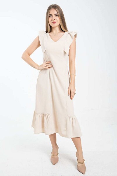 mica فستان ميدي سادة بتفاصيل كشكش وسبعة فتحات للنساء