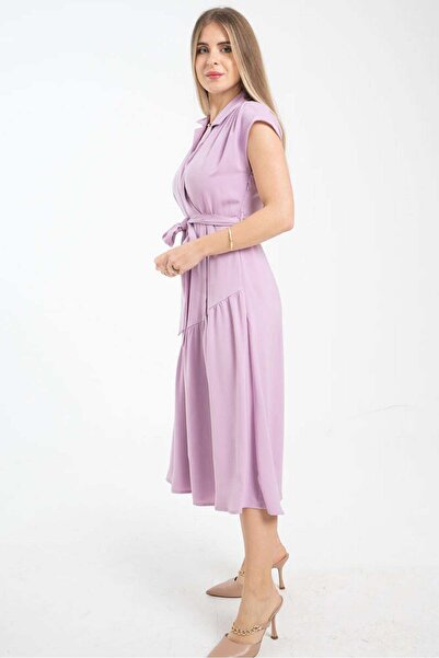 mica فستان ميدي ملفوف بخصر وأكمام قصيرة ورقبة دائرية