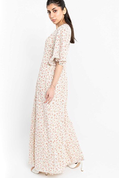 Nichii Long Floral Waist-Defined Dress with Butterfly Sleeves