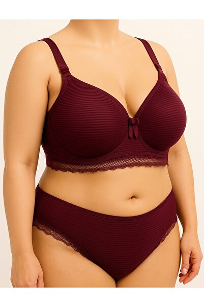 enmodaiçgiyim Purple Plus Size C Cup Unpadded Underwire-Free Padded Striped Tulle Detailed Bra