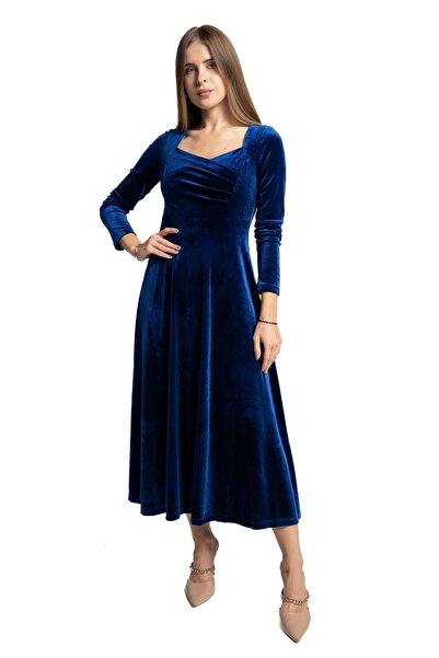 mica Women's Midi Dress with V-Neck and Long Sleeves