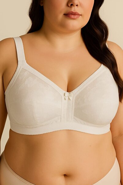 enmodaiçgiyim White Plus Size Patterned Non-Padded Wirefree Recovery C Cup Bra – Breathable Comfortable Underwear