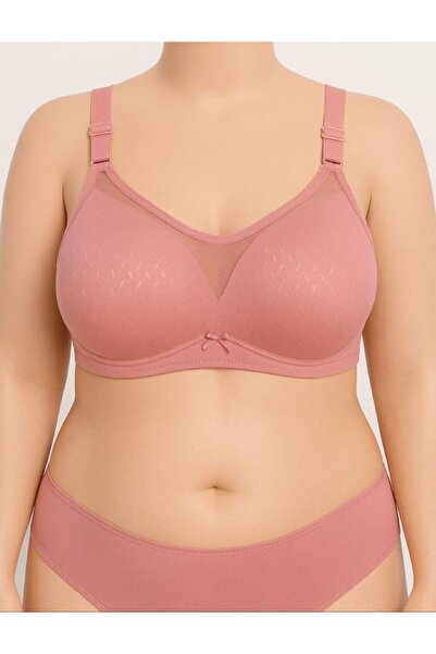 enmodaiçgiyim Dusty Rose Plus Size Tulle Detailed Unpadded Wire Free Bra C Cup Comfortable and Stylish Underwear