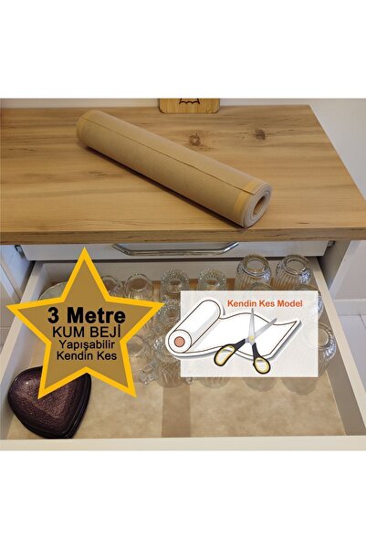 Perisfer Yapışabilir Kum Beji 3mt Kendin Kes Kaymaz-kaydırmaz Çekmece Dolap D...